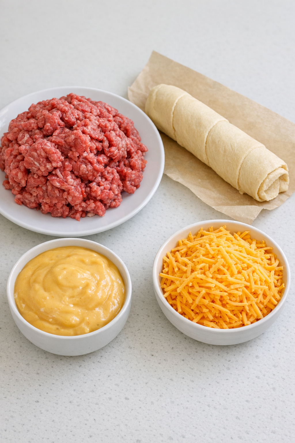 Ground beef, crescent dough, cheddar soup, and shredded cheese