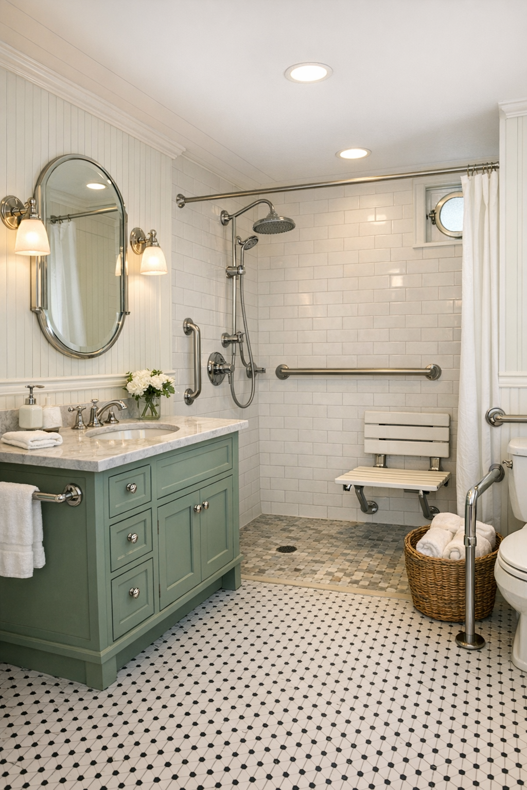 Accessible Victorian houseboat bathroom with beadboard, classic tile, curbless shower, and heritage-painted vanity