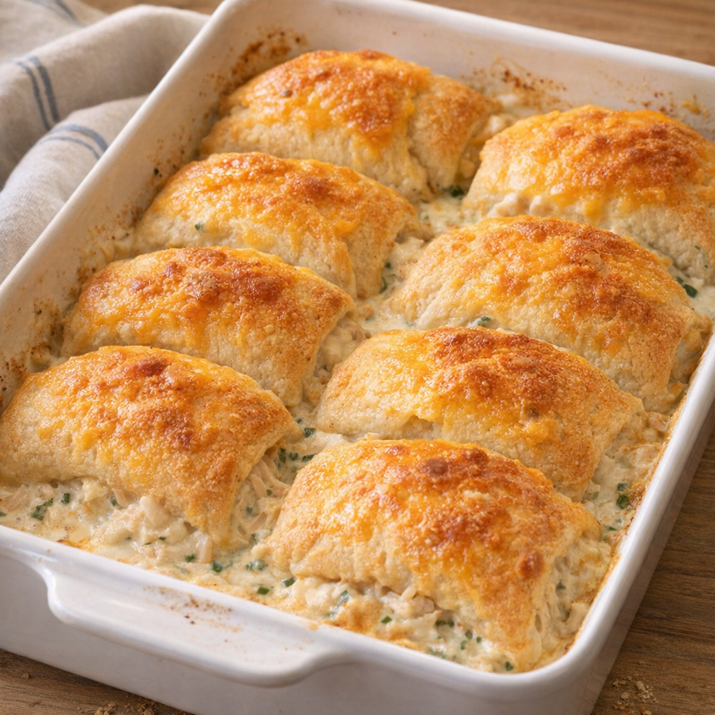 Freshly baked chicken crescent bake in a ceramic dish