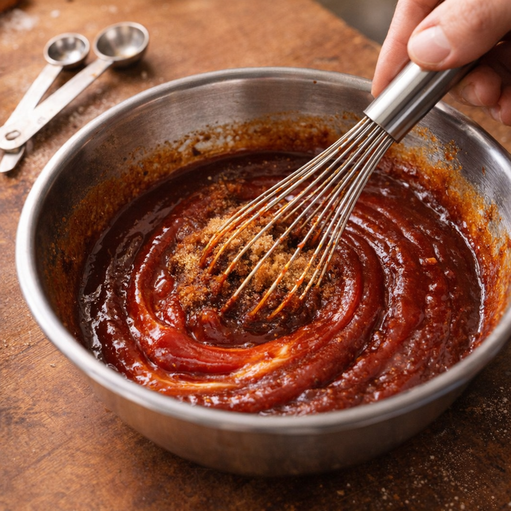 Barbecue sauce being whisked in a mixing bowl