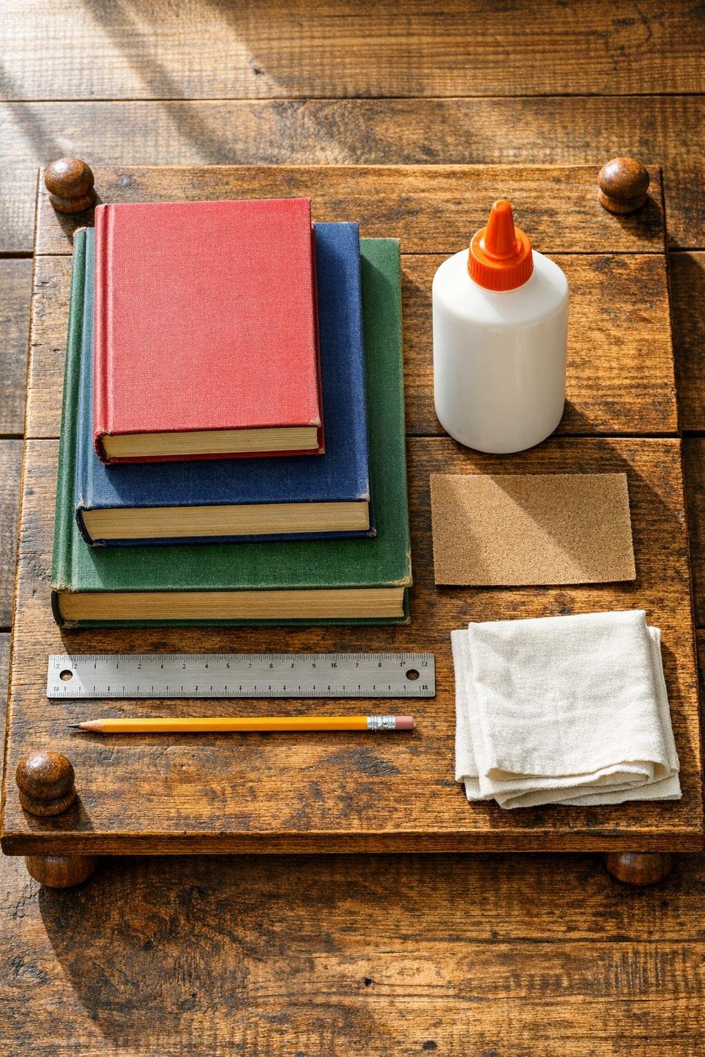 Materials for a vintage book stack riser laid out on a table