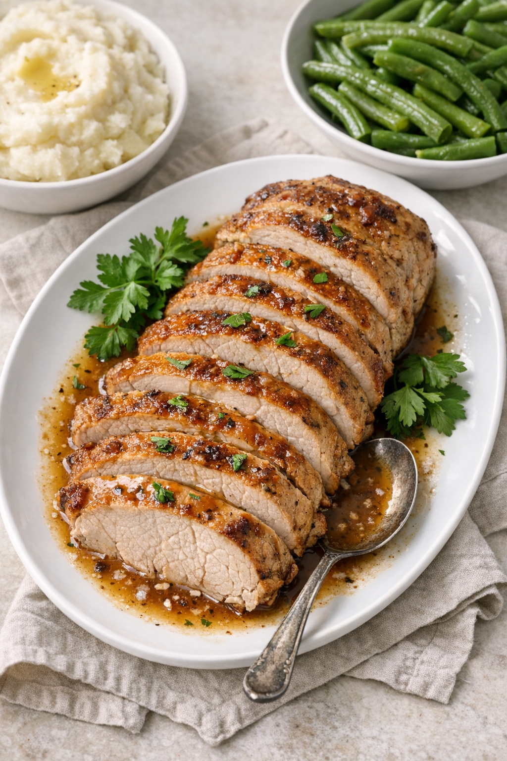 Finished sliced pork loin on a platter