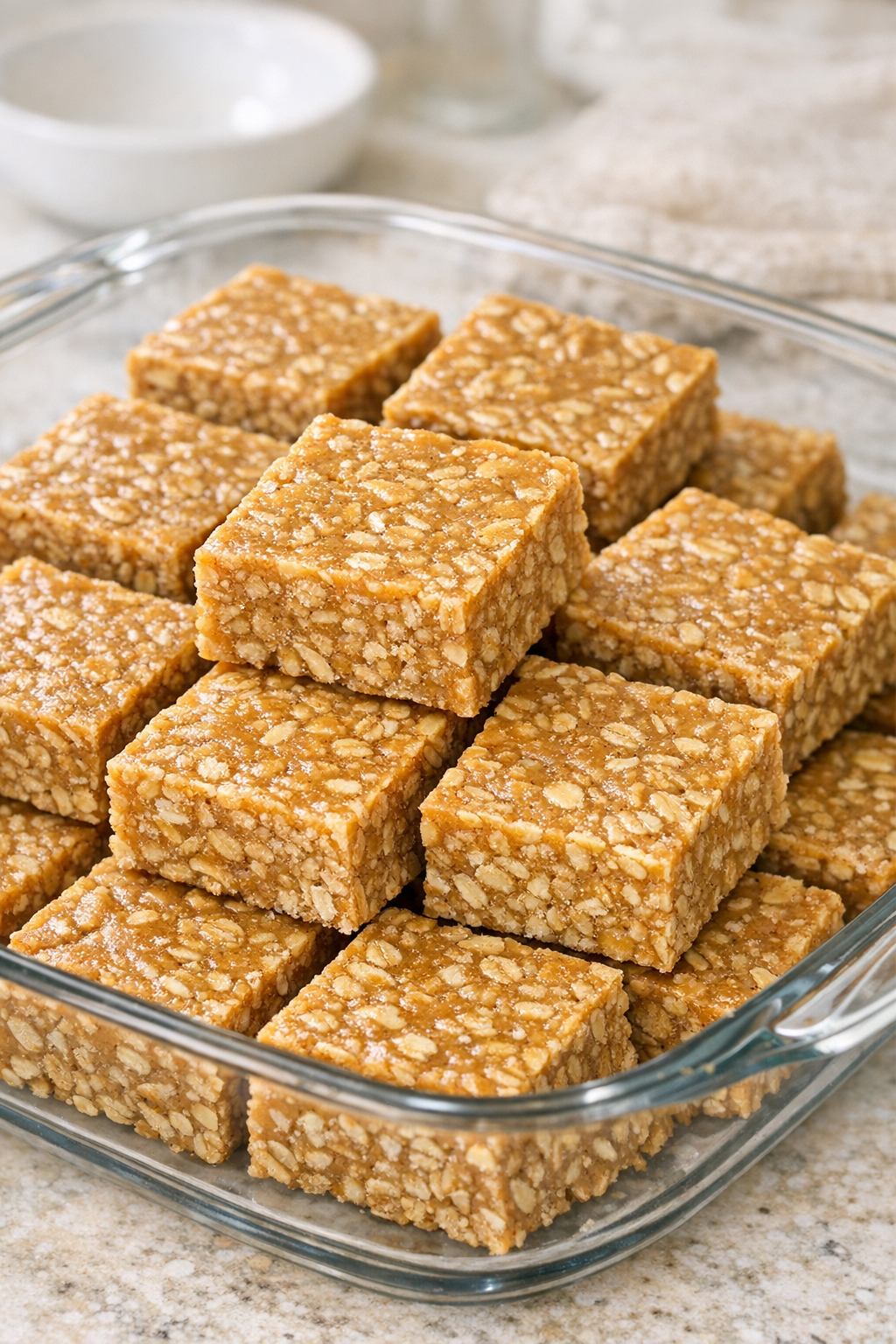 Firmly packed peanut butter oat bars with clean cut edges