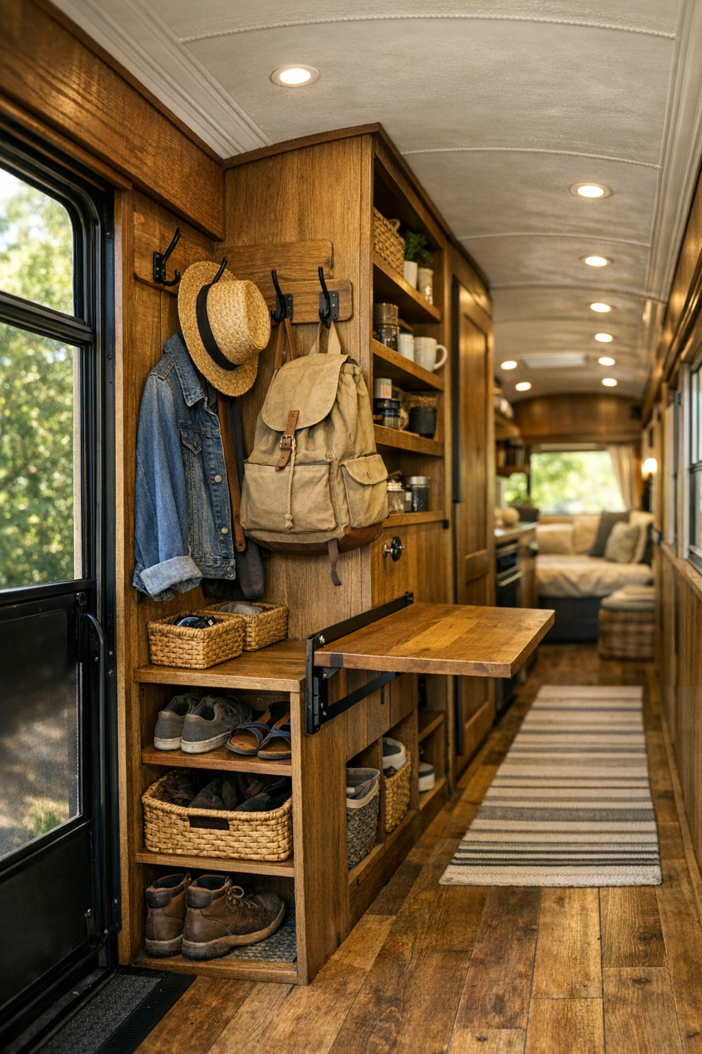 Functional hallway and entry area inside the converted bus with storage hooks, shelves, and rustic details