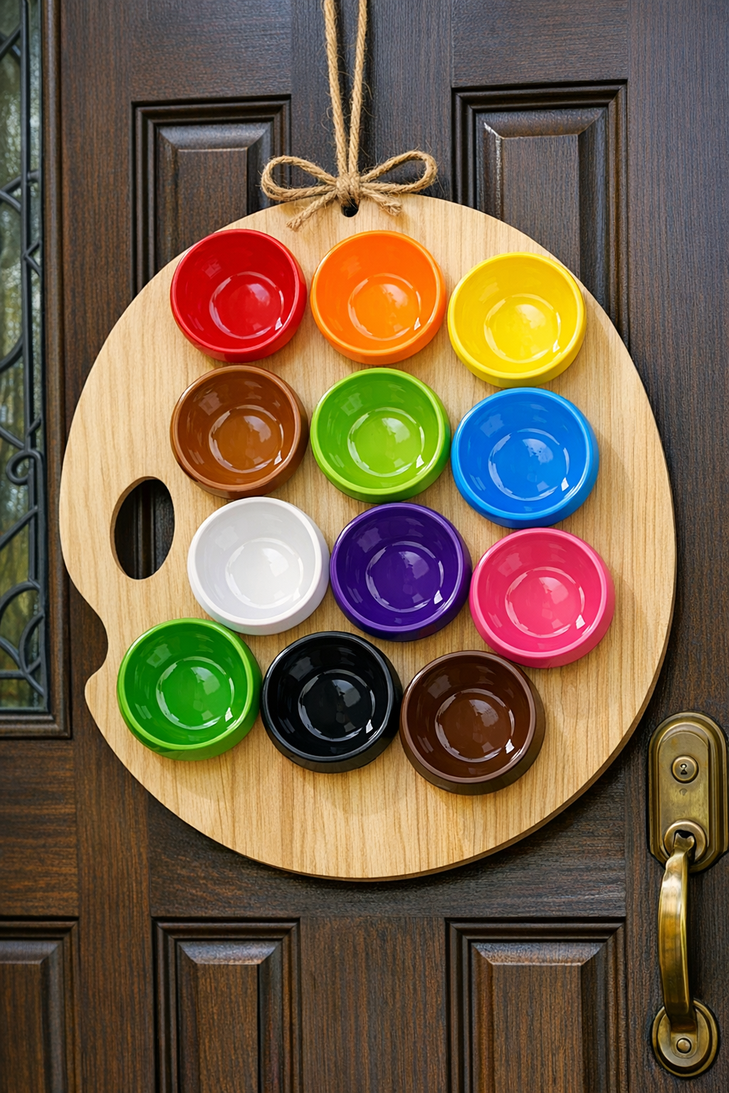 Finished giant paint palette front door hanger made from colorful bowls on a wooden tray