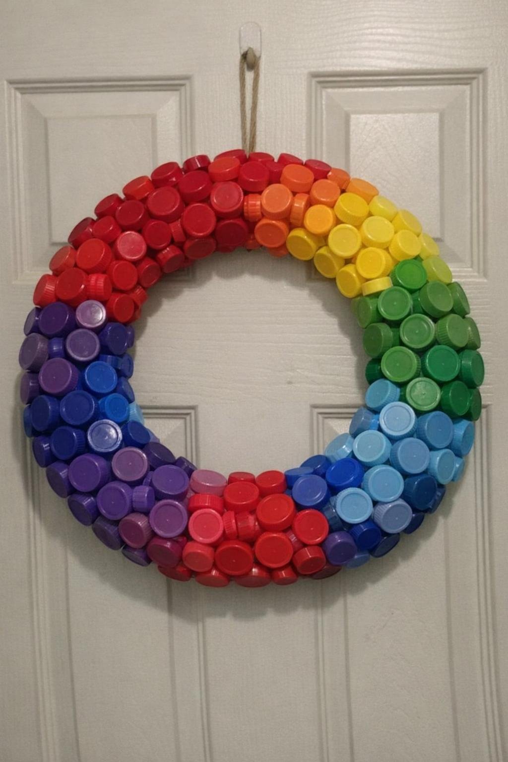 Rainbow bottle cap wreath