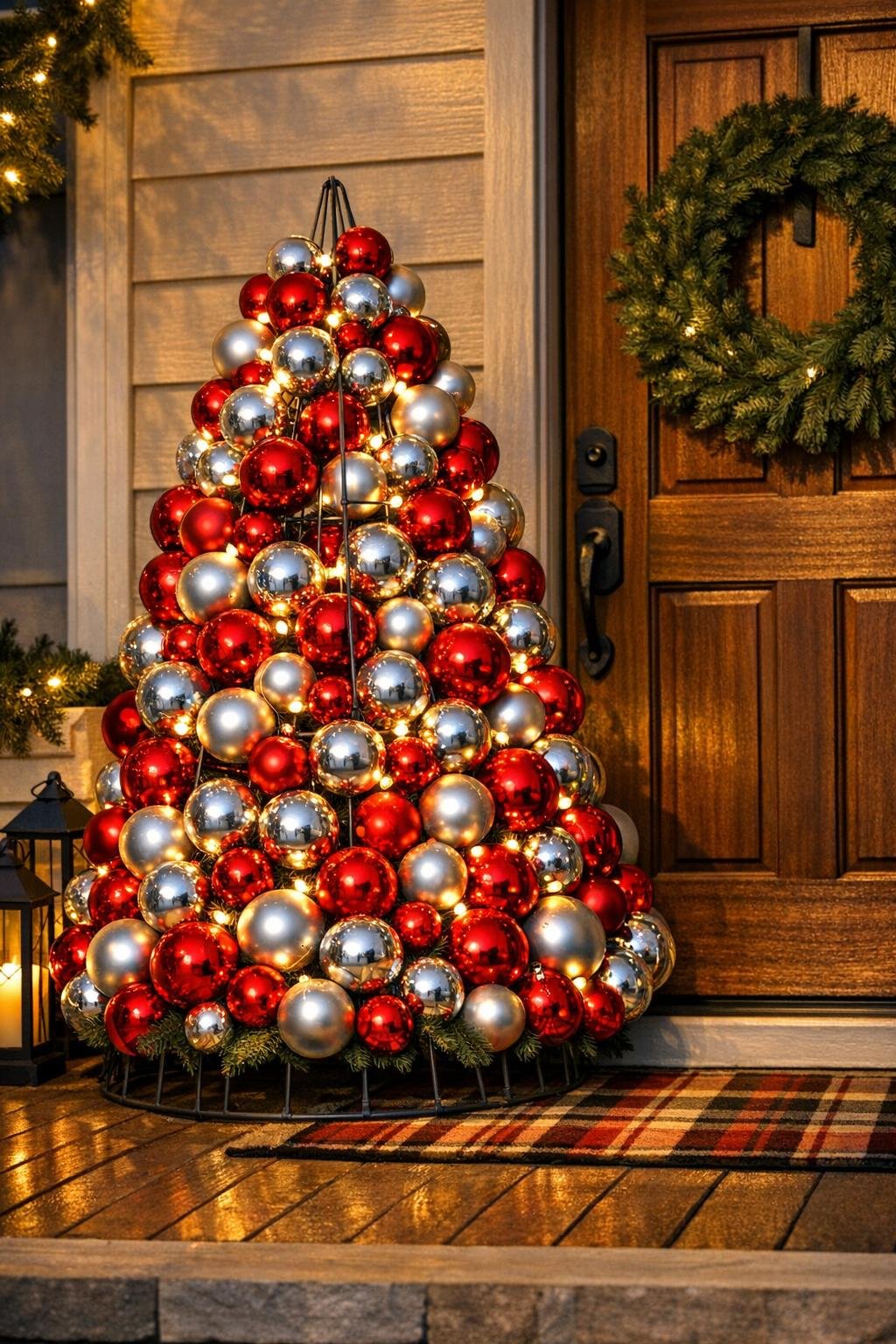 Finished ornament ball porch tree glowing on a front porch