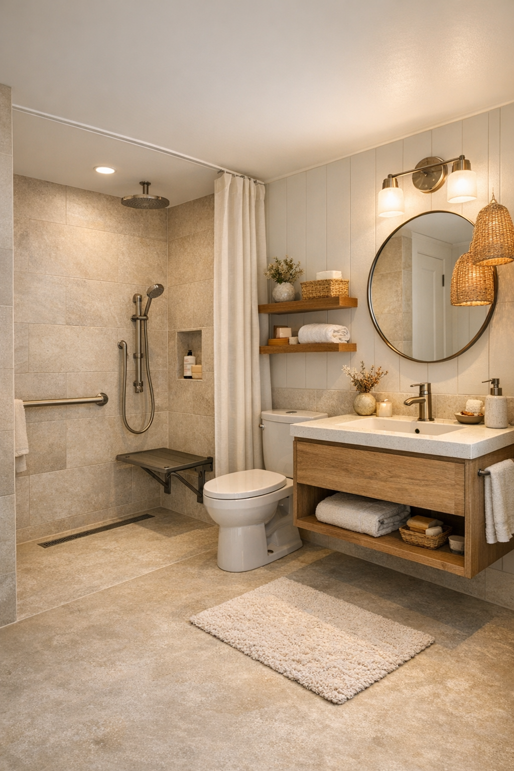 Elegant accessible bathroom with curbless shower, soft tile, and warm brushed metal details