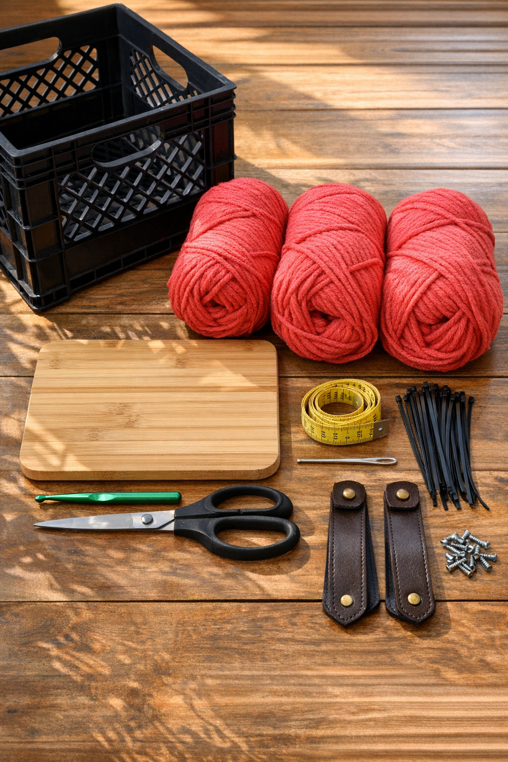 Materials for the crochet milk crate picnic caddy laid out together