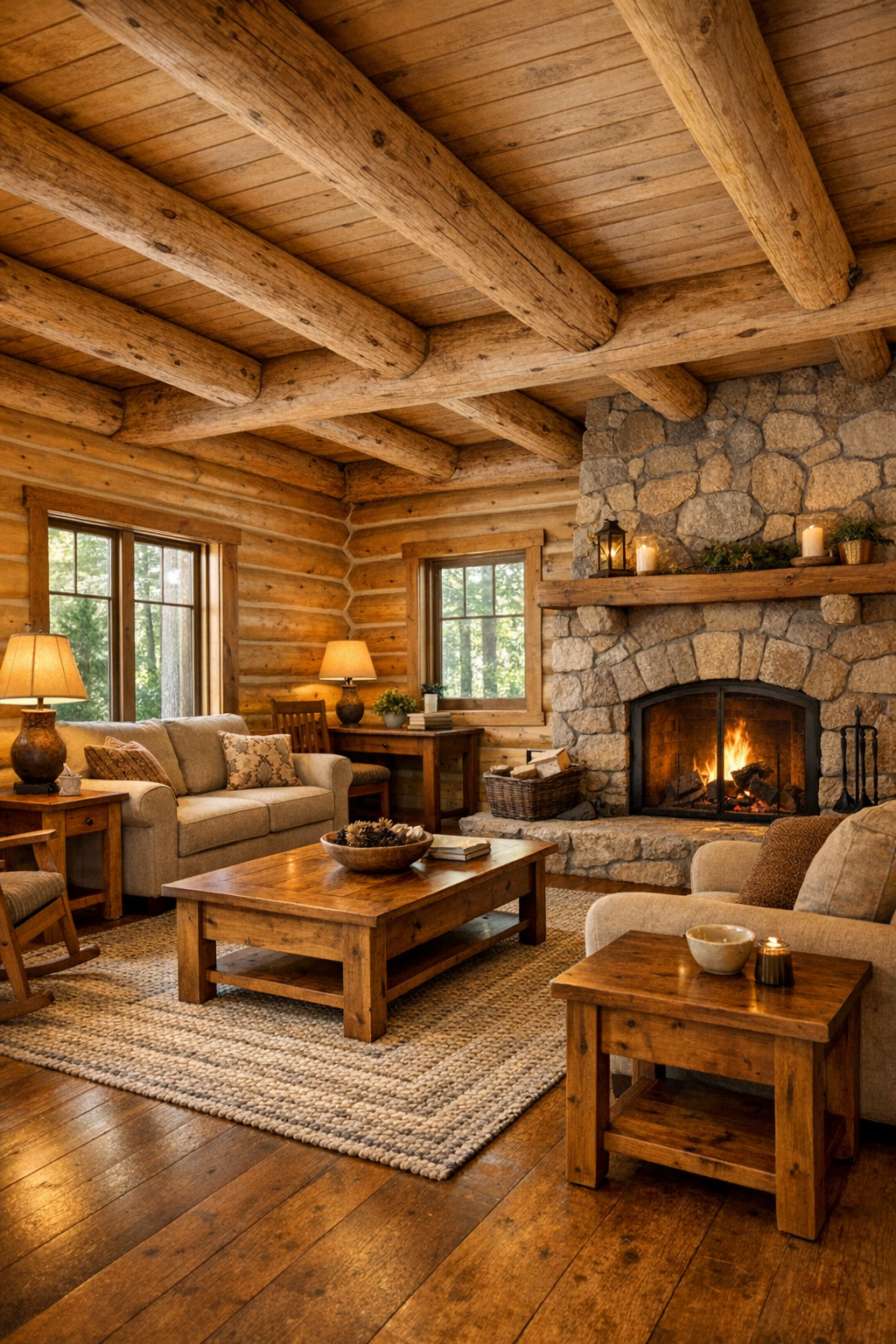 Warm log home living room with stone fireplace, exposed beams, and Amish-crafted wood furniture