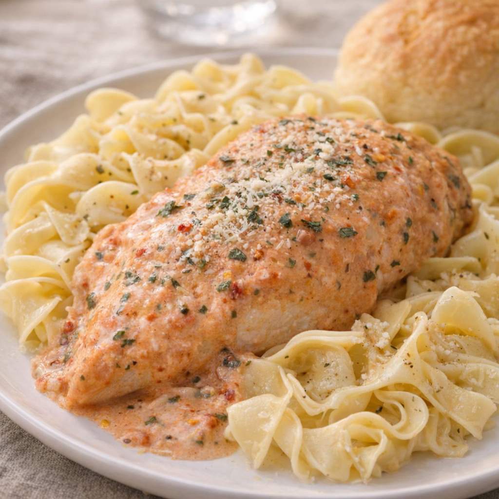Plated creamy tomato basil chicken over buttered noodles