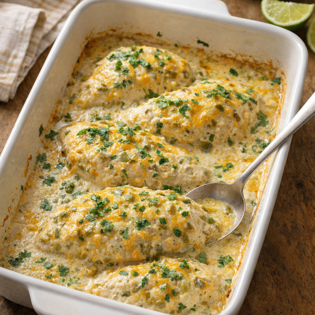 Creamy green chile taco chicken in a baking dish