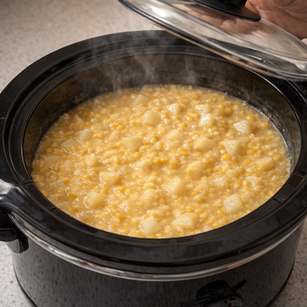 Aardappelen met roomsaus gekookt in een slowcooker met het deksel net iets opgetild.