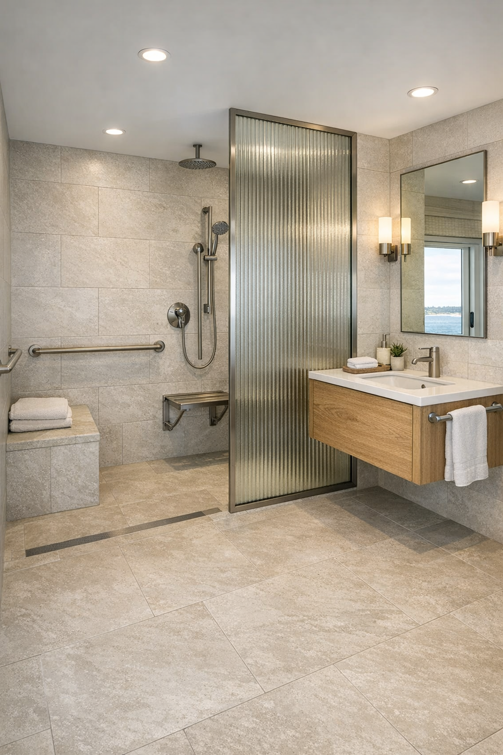 Elegant accessible bathroom with curbless shower, oak vanity, and pale stone-look tile