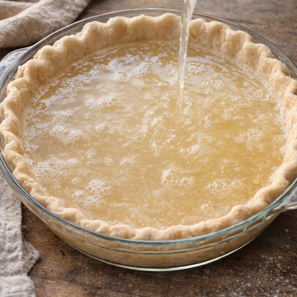 Watery pie filling poured into an unbaked crust