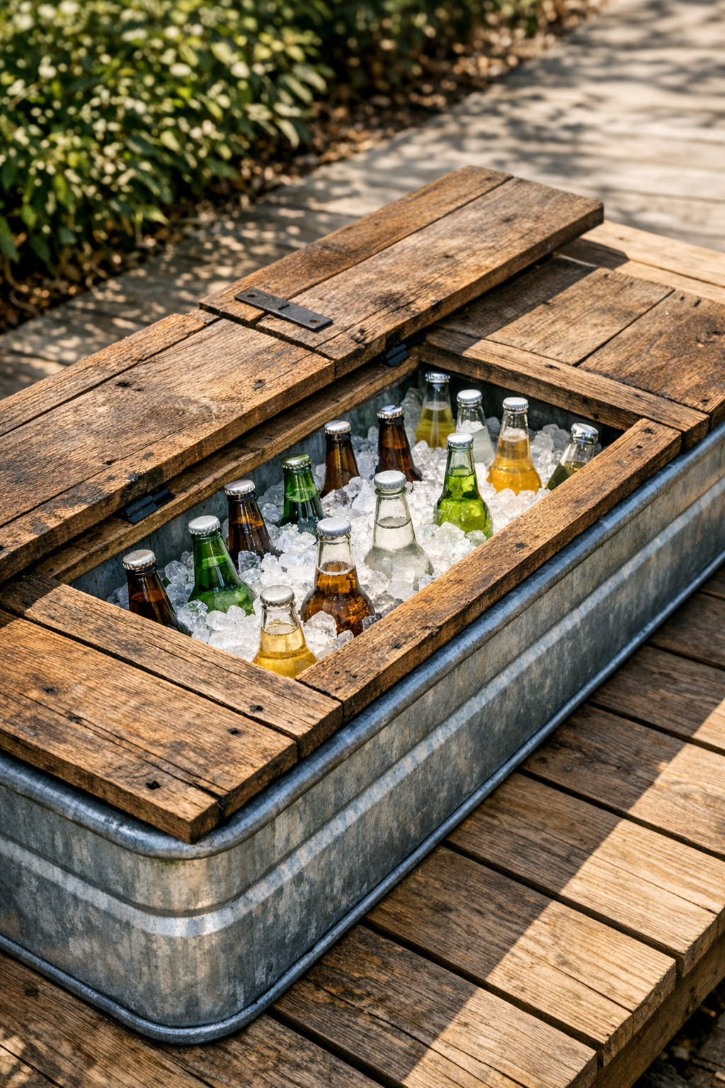 Finished galvanized trough drink station with reclaimed wood lid and serving hatch