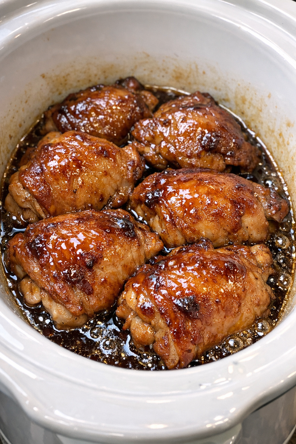 Finished slow cooker maple chicken with glossy glaze