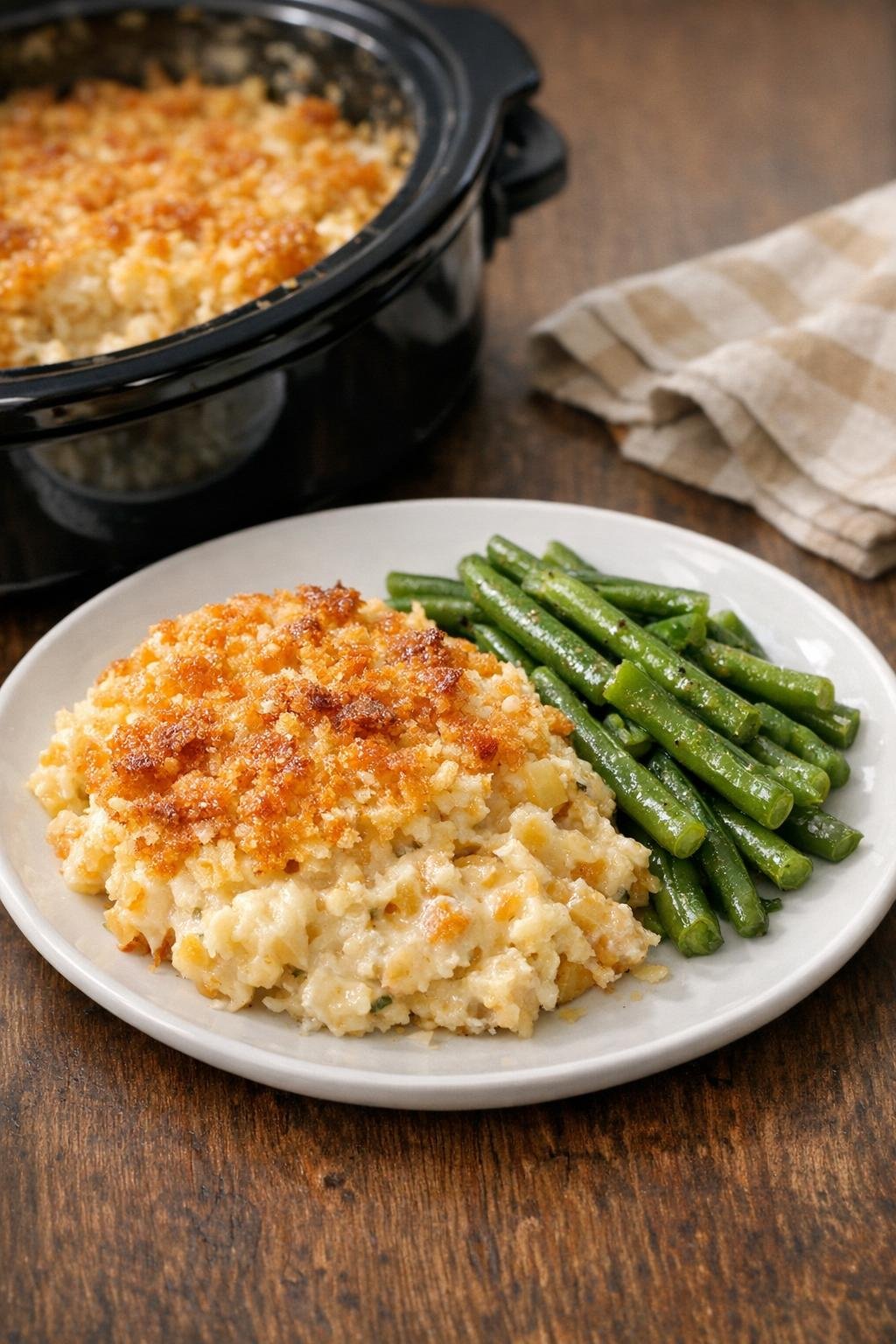 Plated serving of crispy cream cheese hash brown bake