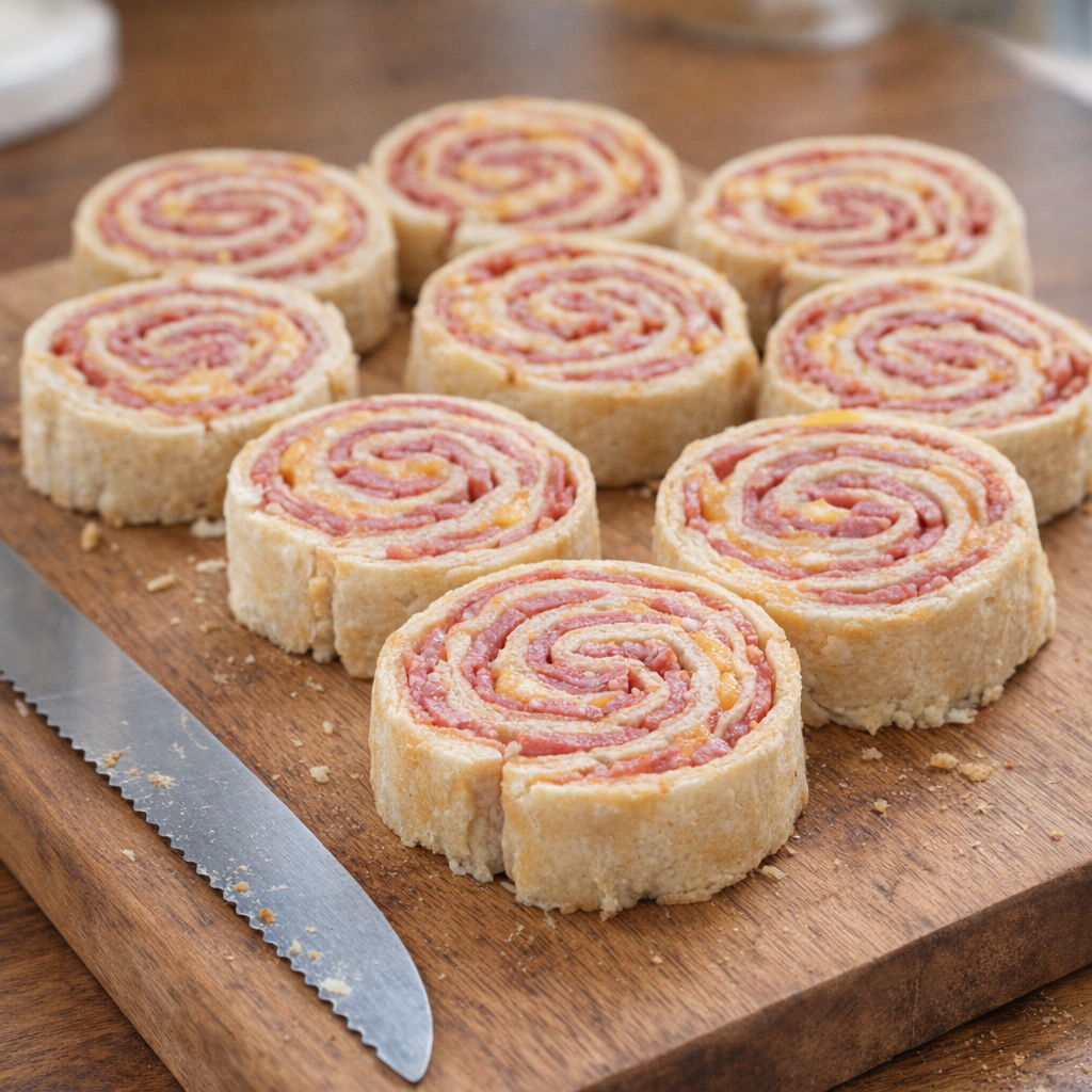 Sliced pinwheel dough rounds on a cutting board