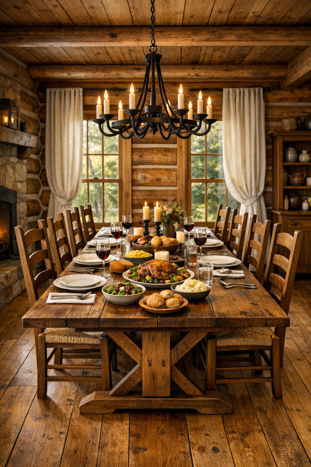 Amish-crafted dining room with trestle table, ladder-back chairs, and warm wood finishes