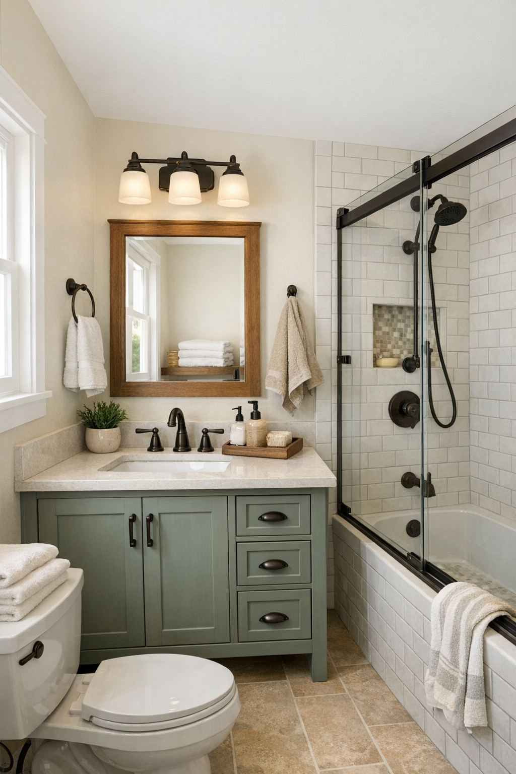 Craftsman bathroom with painted vanity, tiled shower, and warm simple finishes