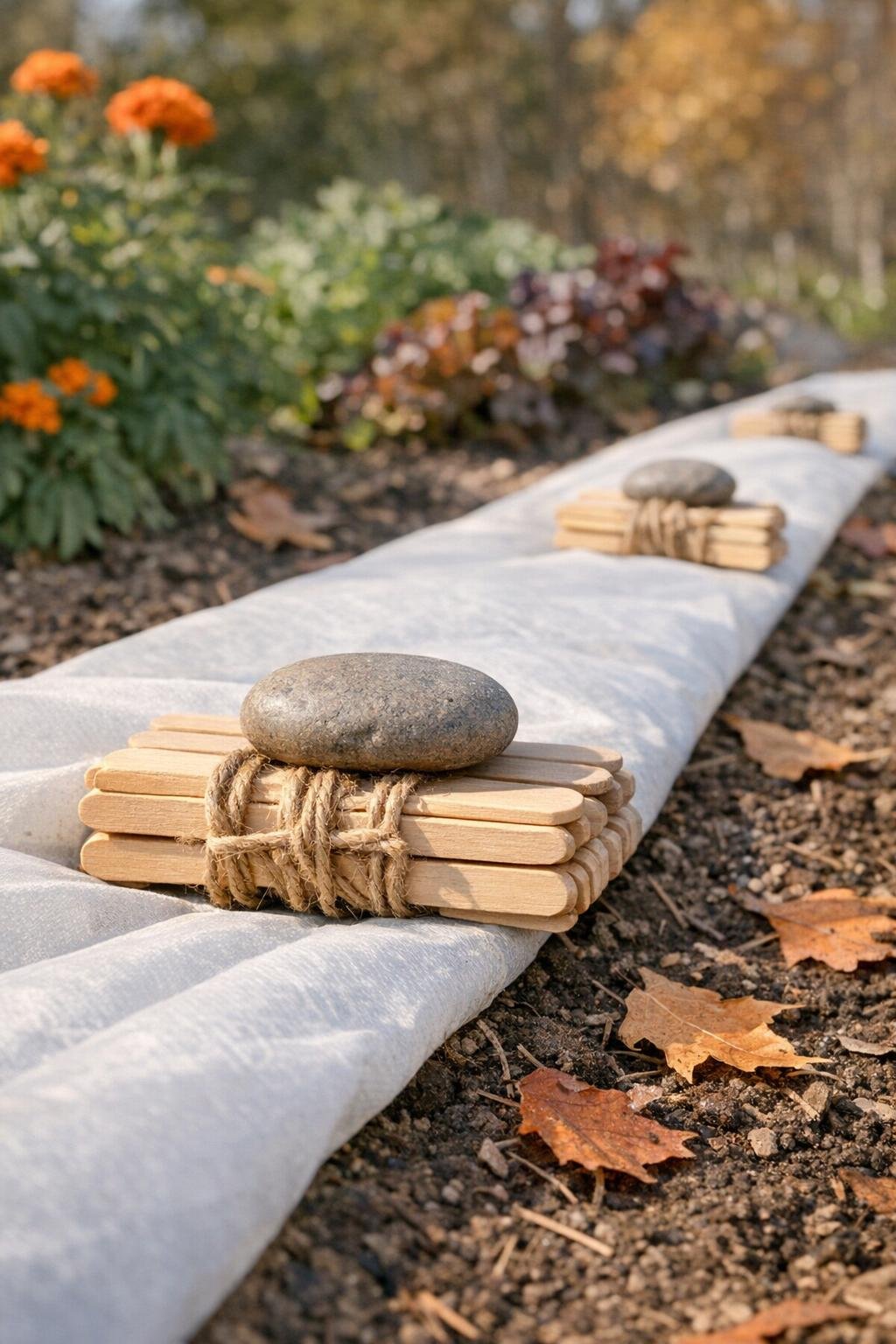 Finished popsicle stick and stone row cover weights holding down a garden row cover