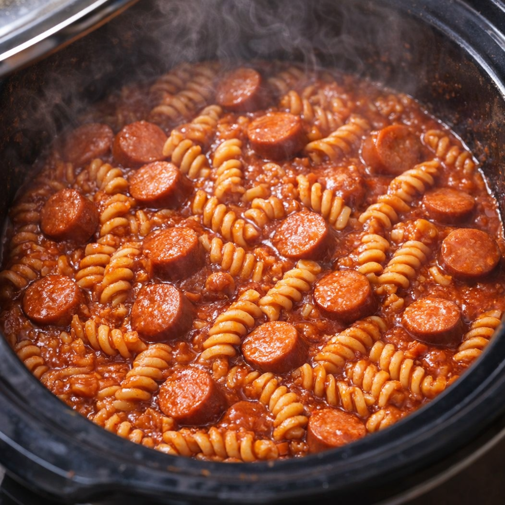 Three-quarter angle view of the pasta cooking inside the slow cooker