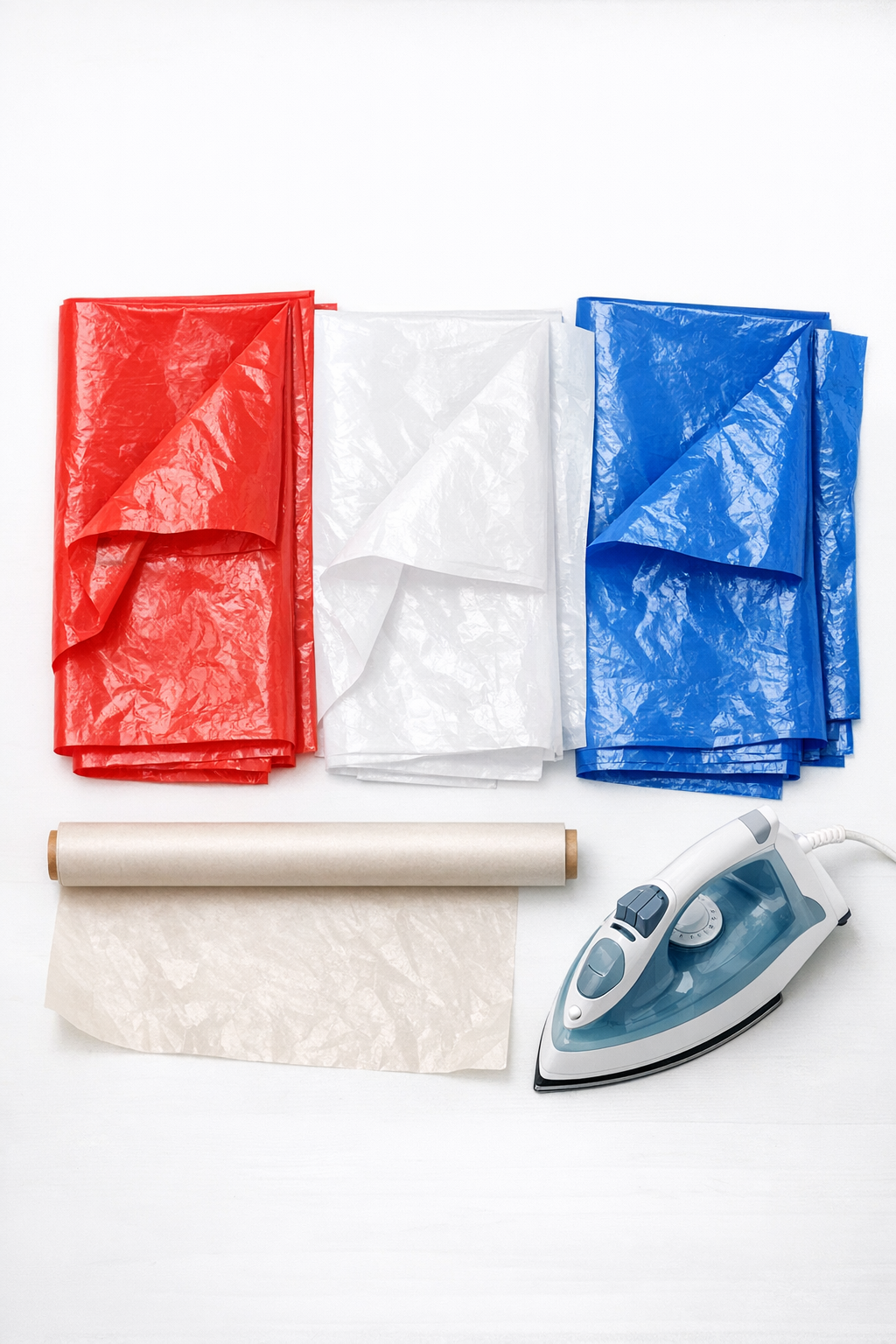 Red, white, and blue plastic tablecloths, parchment paper, and an iron laid out for the project
