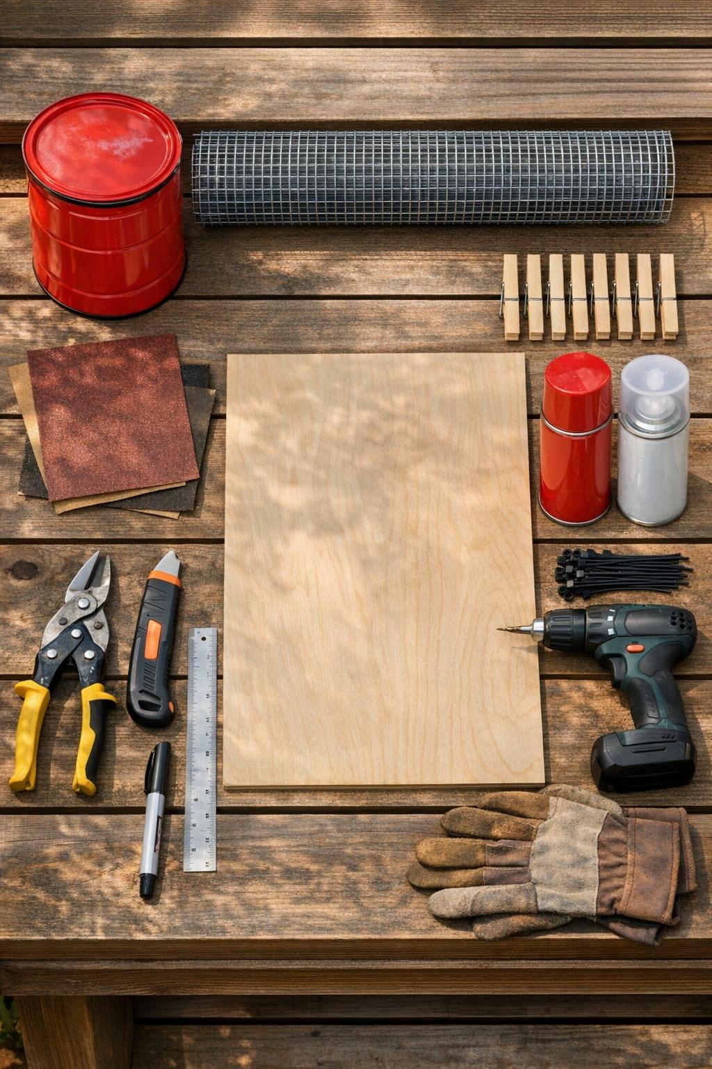 Materials for a metal coffee can seed envelope organizer laid out on a potting bench
