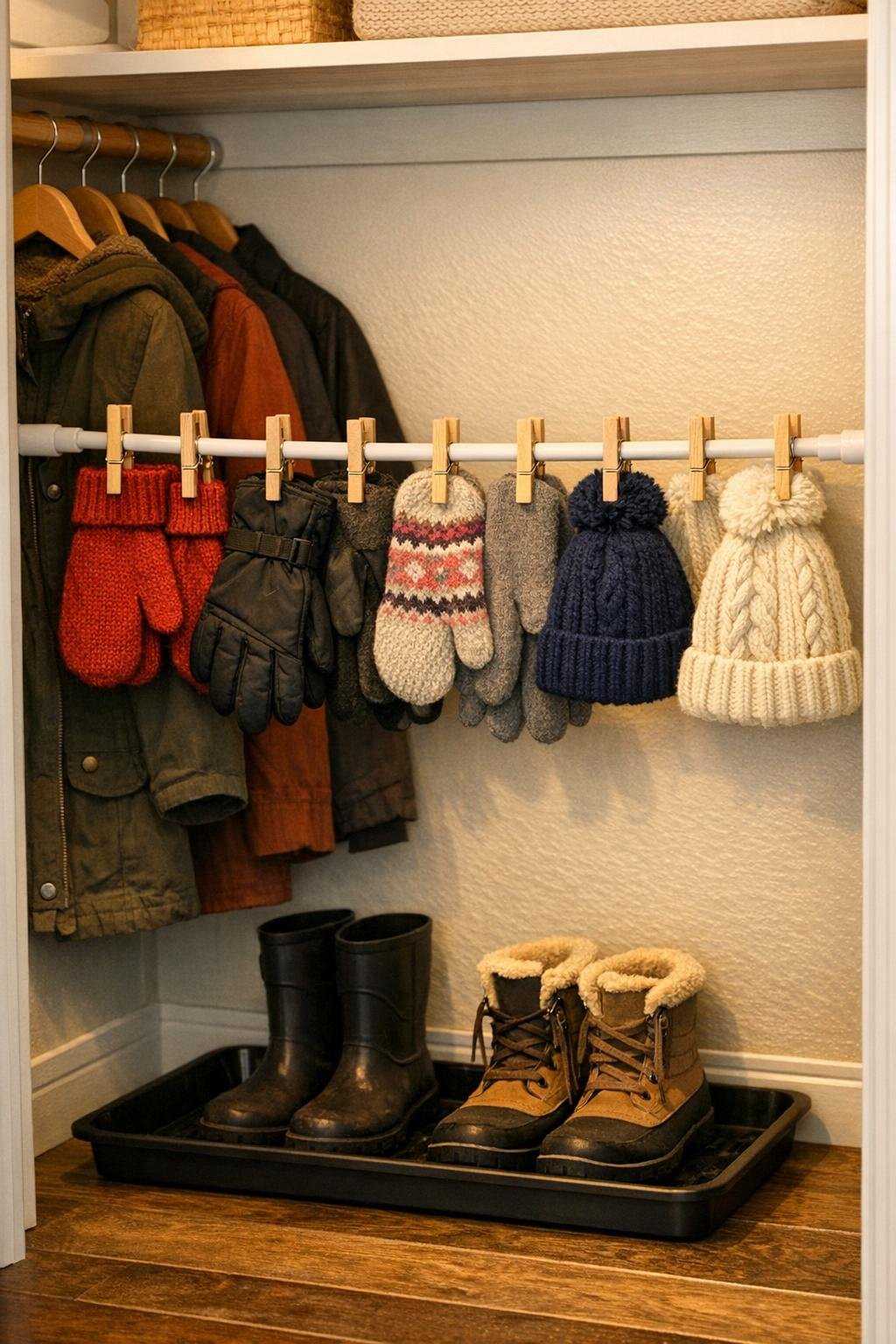 Finished mitten drying rack inside a coat closet