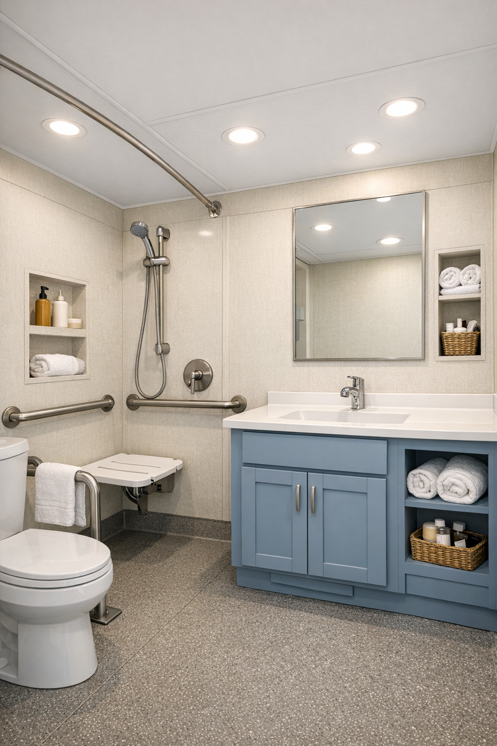 Accessible RV camper bathroom with curbless shower and blue vanity