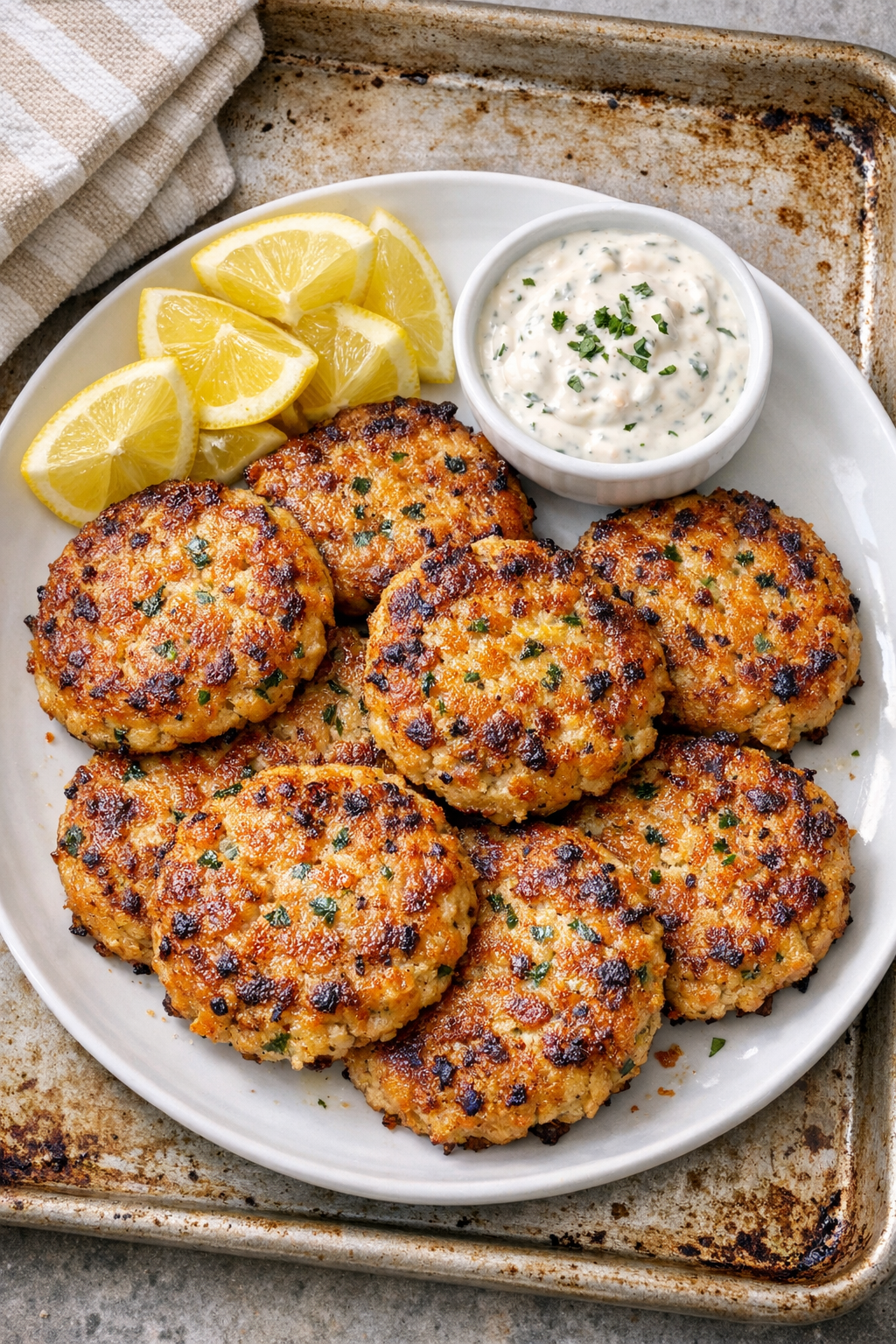 Finished oven baked salmon patties on a platter