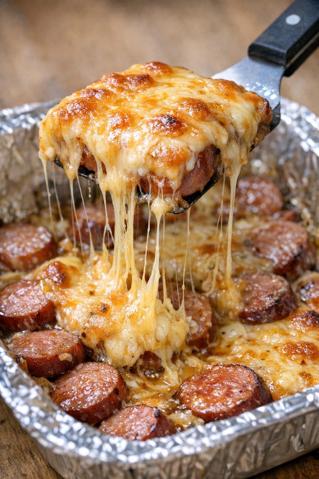 Low carb kielbasa bake with melted cheese being lifted from a foil tray