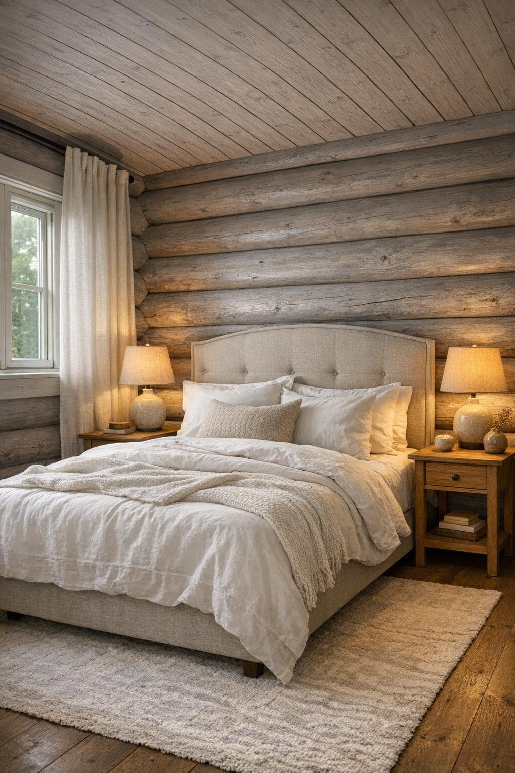 Serene bedroom with gray log walls, white bedding, an upholstered headboard, and soft linen curtains