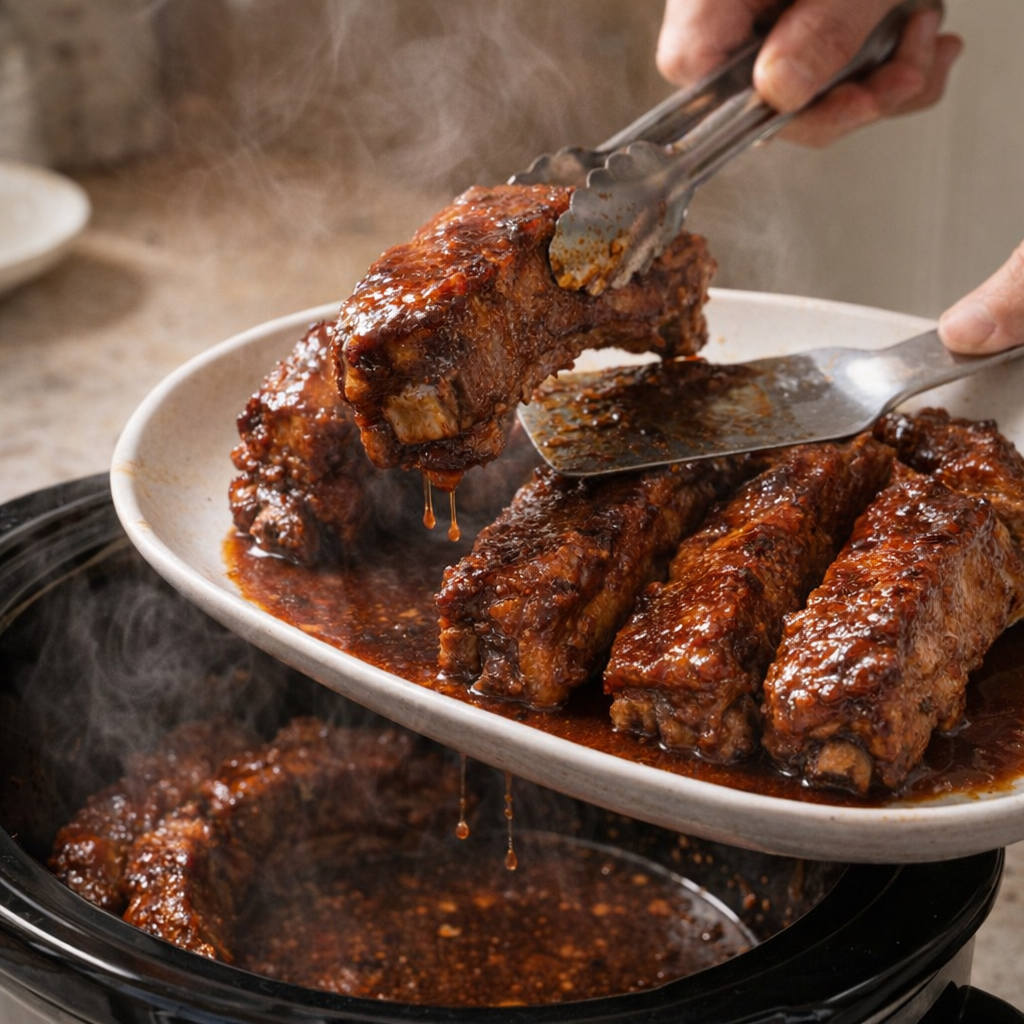 Tender cooked ribs being lifted onto a platter