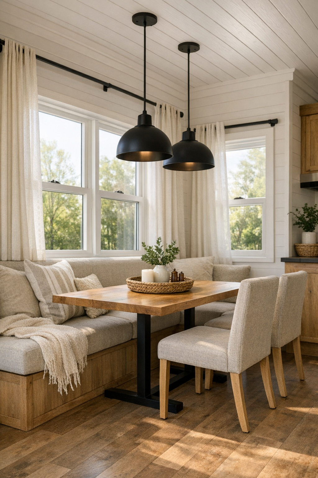 Cozy modern farmhouse dining nook with a wood table, bench seating, and black pendant lighting
