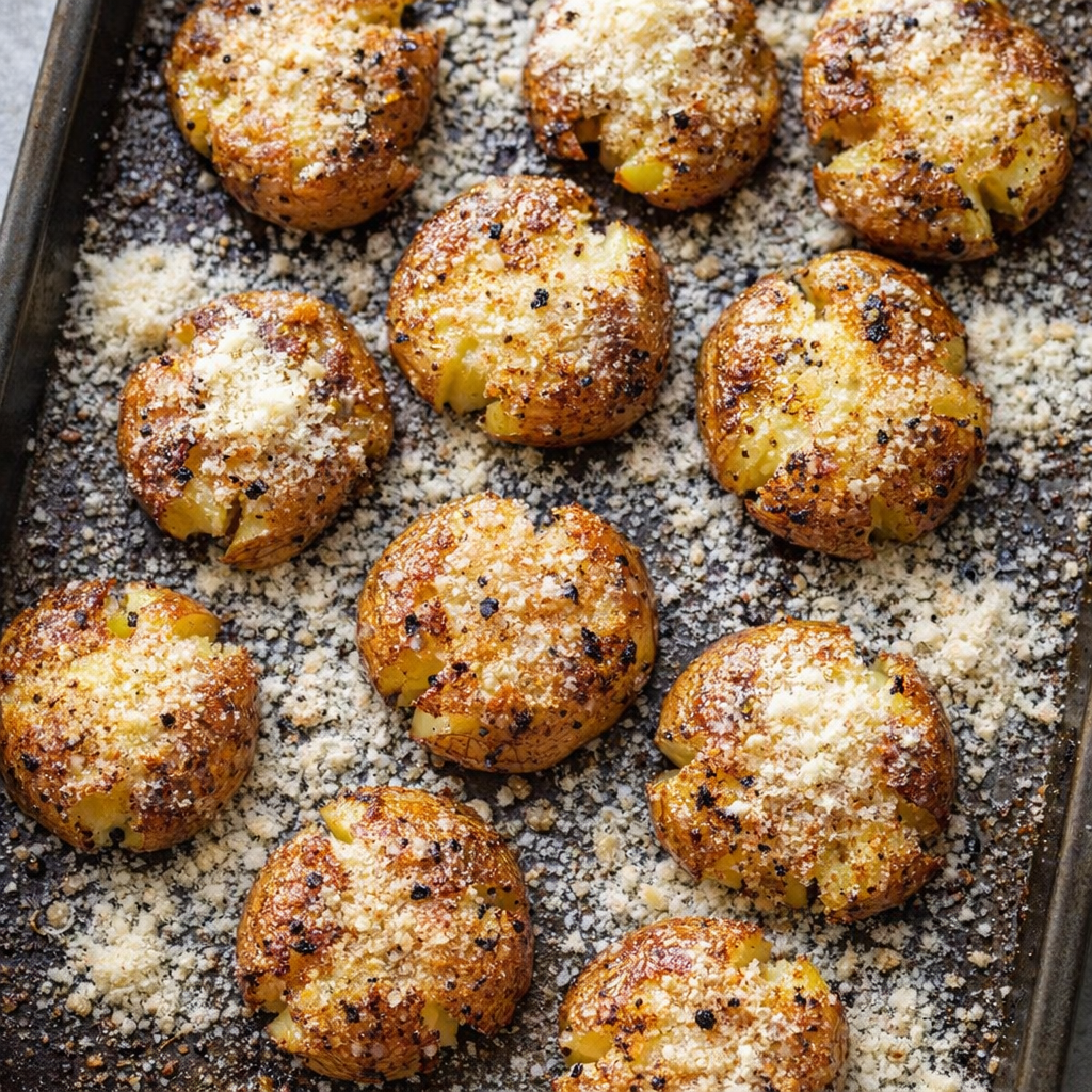 Parmesan scattered over smashed potatoes before baking