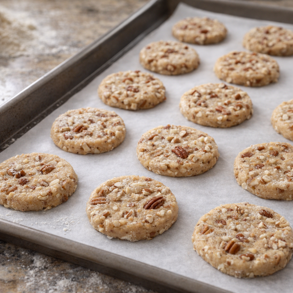 Ongebakken pecannotenkoekjes op een bakplaat