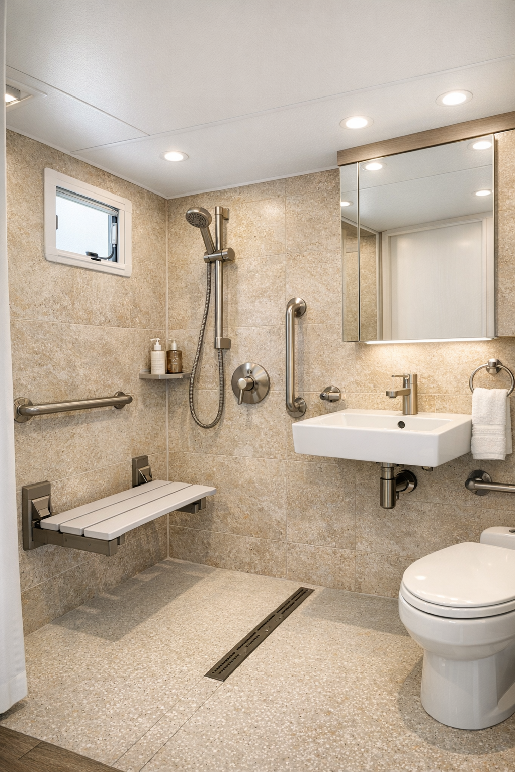 Accessible RV bathroom with curbless shower and warm stone-look finishes