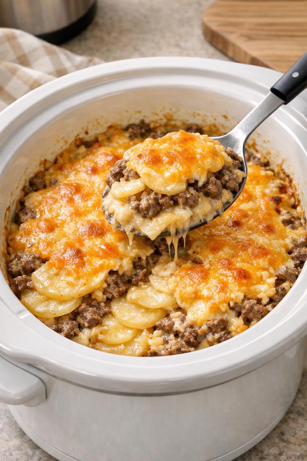 Finished cheesy hamburger au gratin bake served from a slow cooker