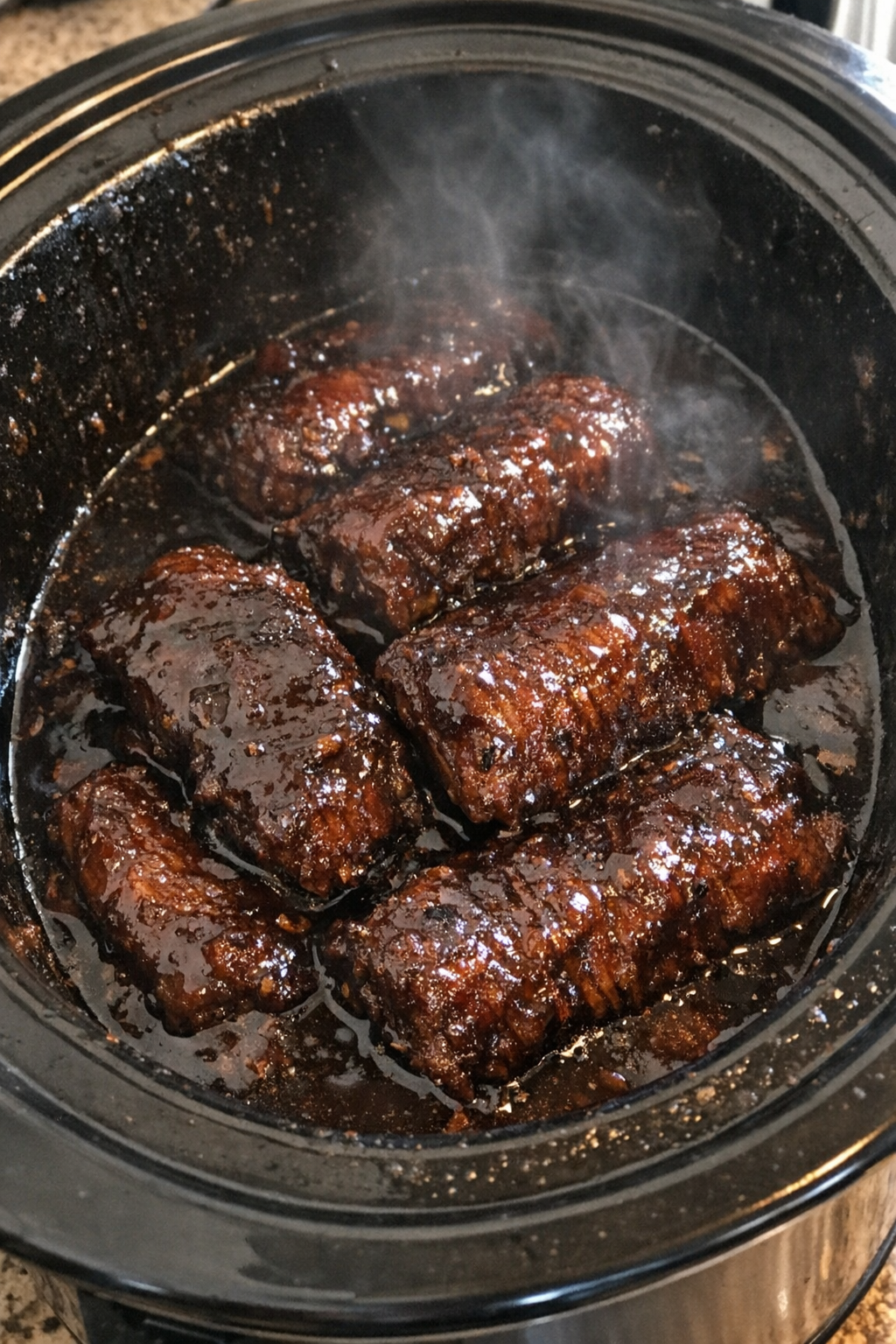 Slow cooker glazed protein slabs in dark sauce