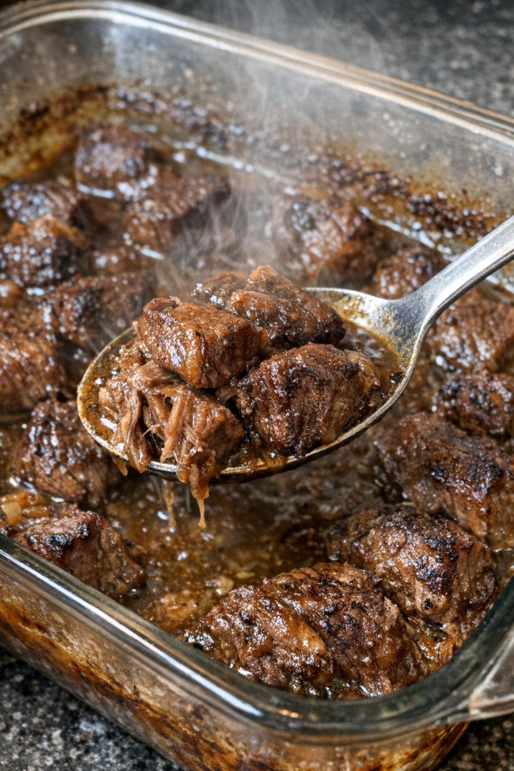 Tender beef chunks in brown gravy in a glass baking dish