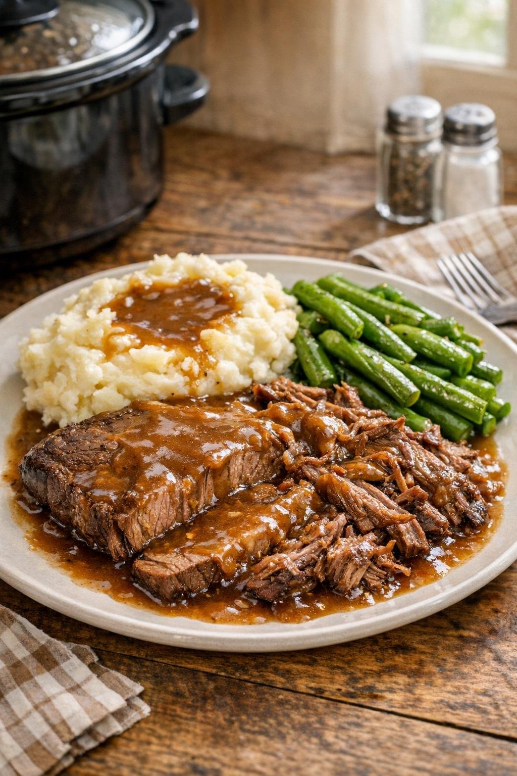 Finished slow cooker beef roast plated with gravy