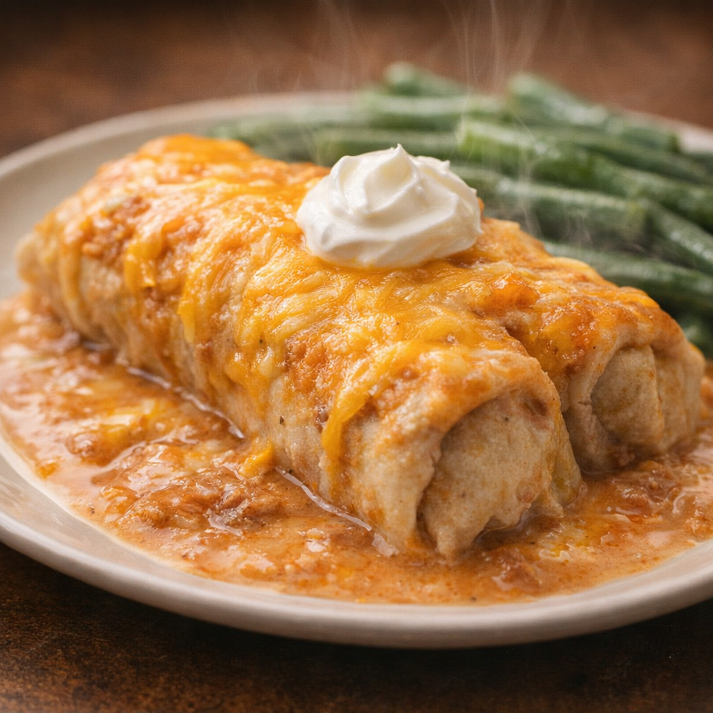 Finished burrito casserole with cheese and sour cream