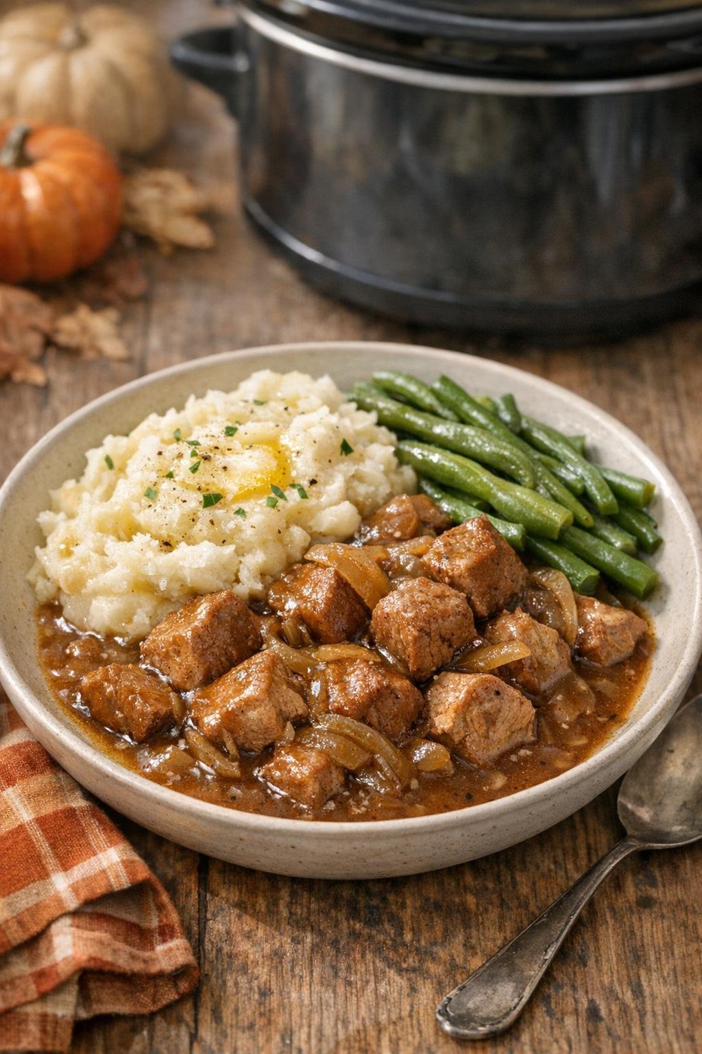 Finished slow cooker pork supper plated in a shallow bowl