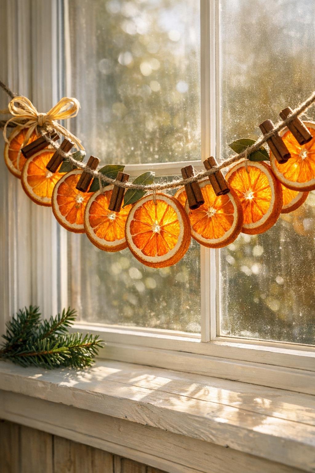 Finished dried orange slice garland hanging in a sunny window