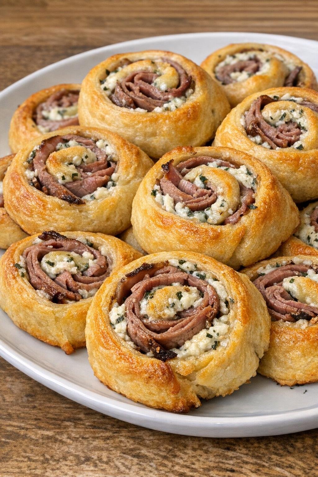 Golden brown roast beef and Boursin crescent pinwheels on a white platter
