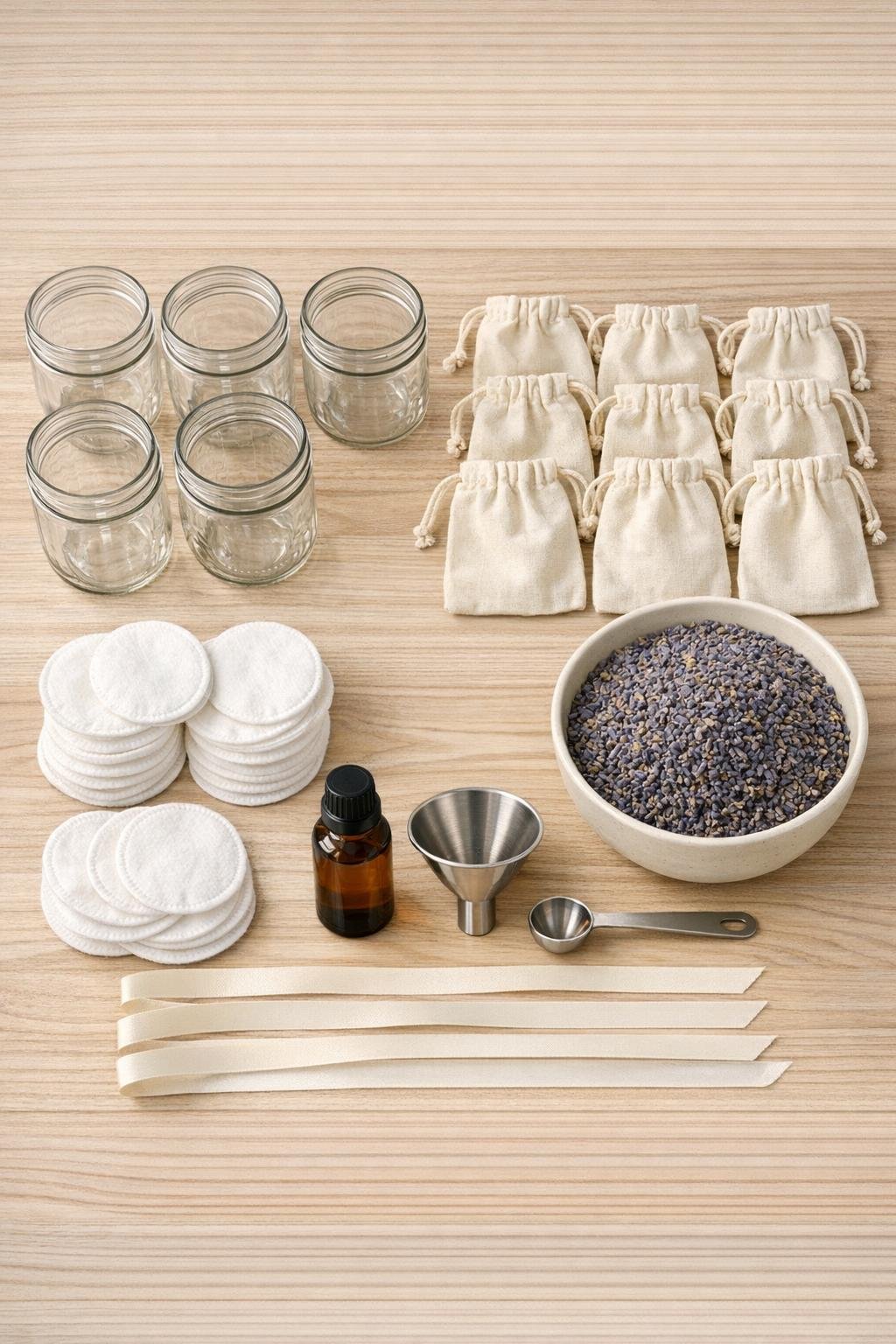 Materials for lavender sweater freshener jars laid out on a table