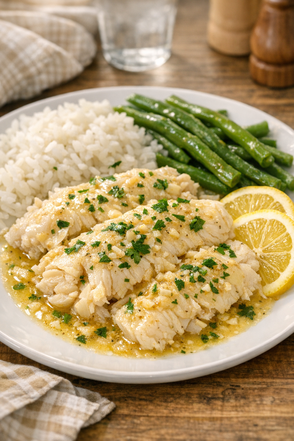 Finished slow cooker whiting plated with lemon and herbs