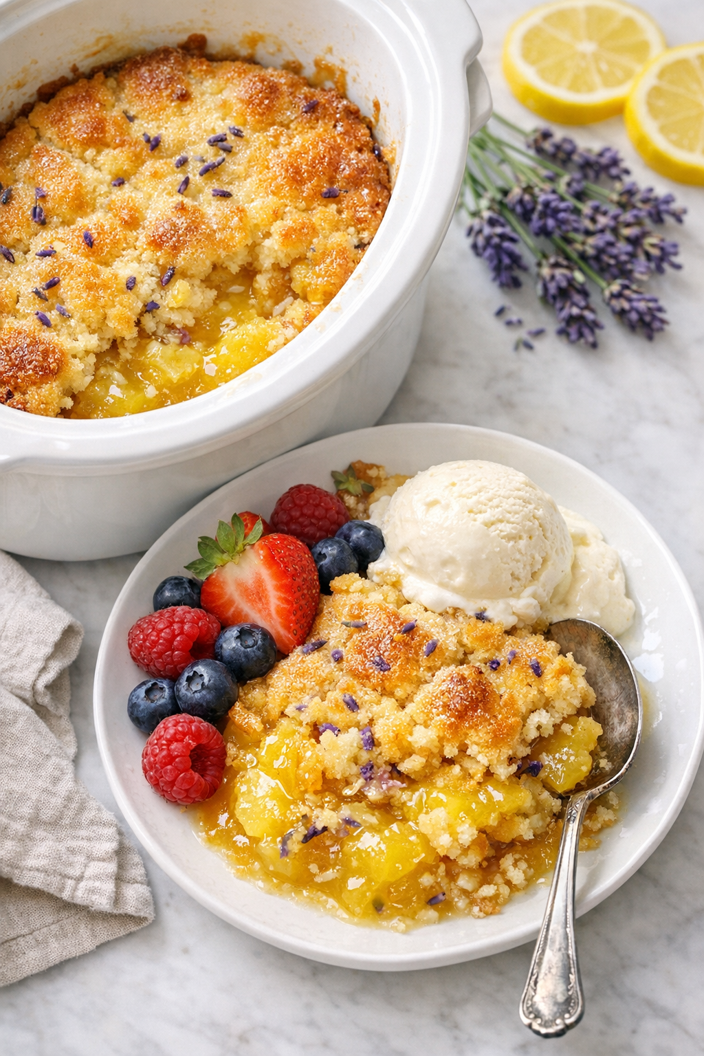Finished lavender lemonade cobbler served warm